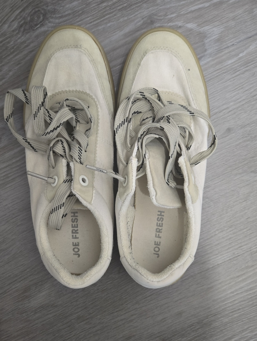 Joe Fresh Women's Beige Canvas Lace-Up Sneakers with Striped Laces